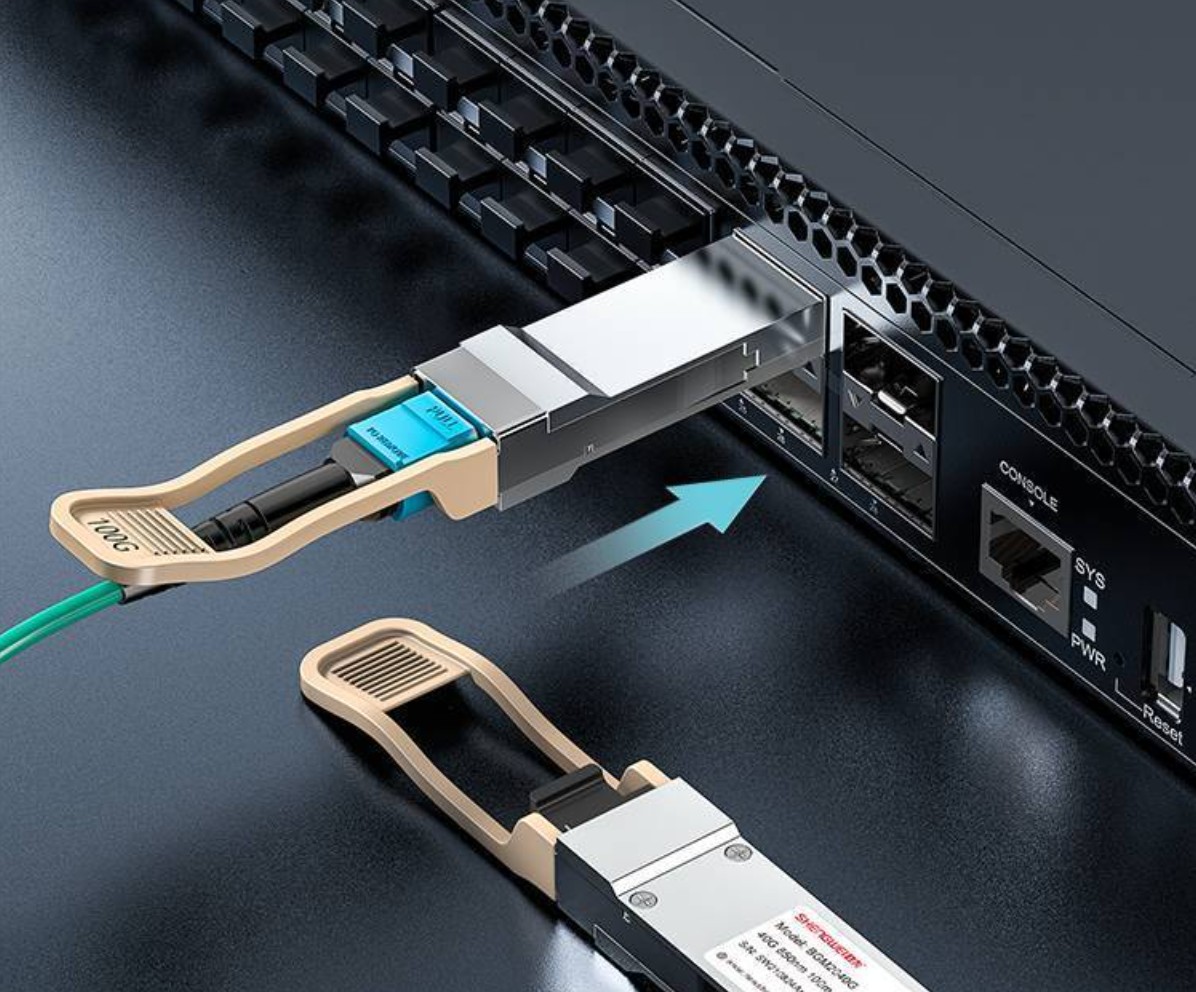 100G QSFP+ AOC 模块插入交换机端口（含 MPO 跳线）